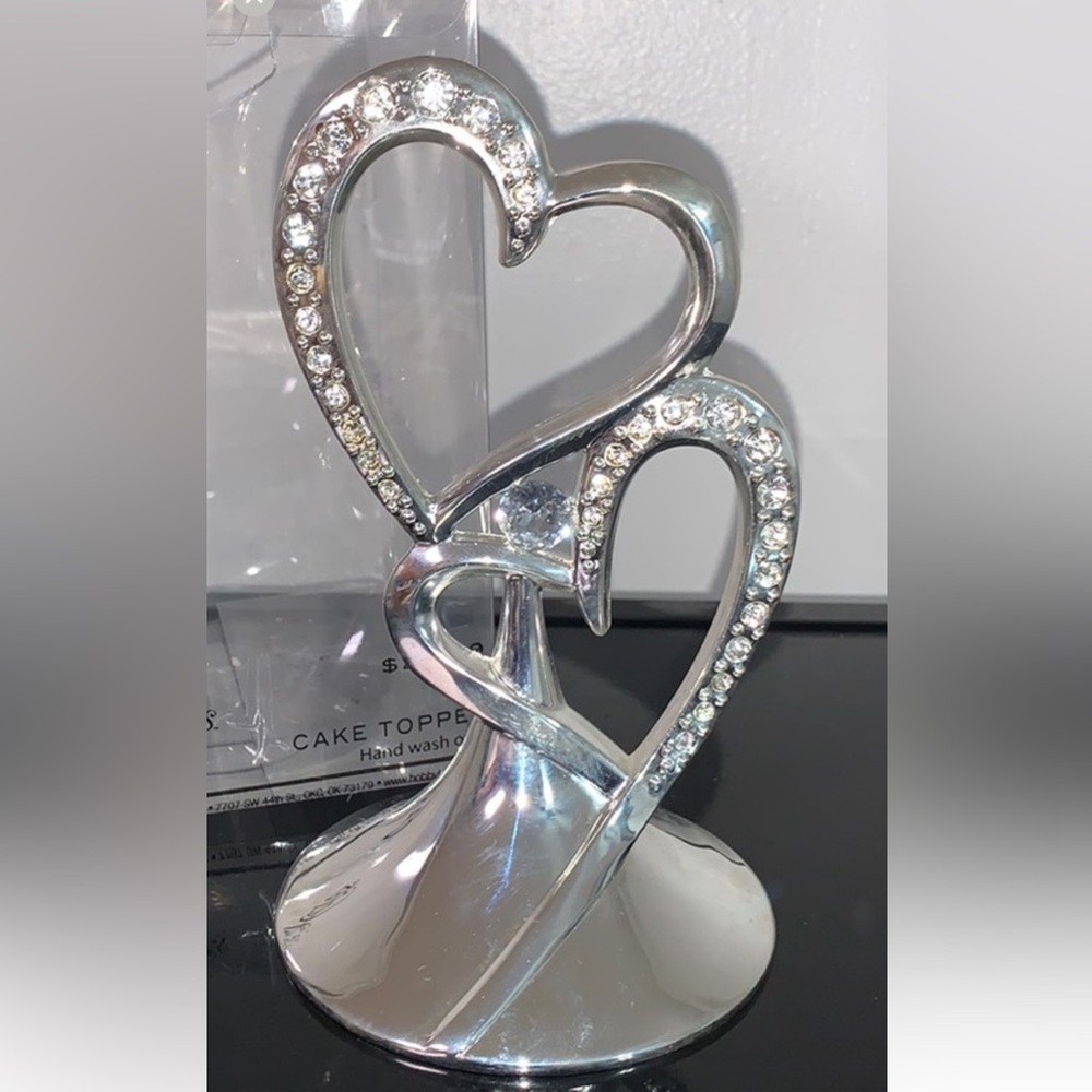 Silver Heart Cake Topper with Rhinestones